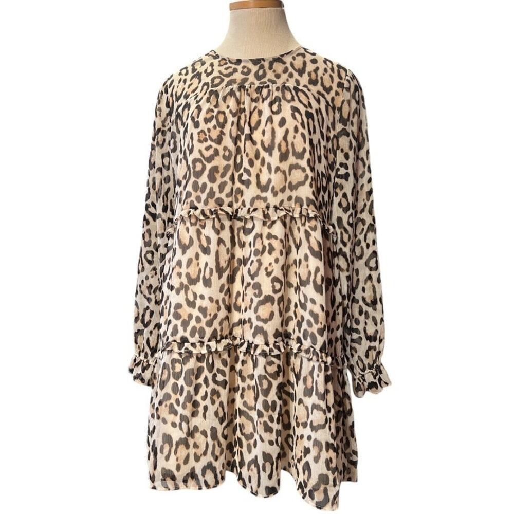 LOFT Ann Taylor Animal Print Tiered Babydoll Swing Dress Size S Brown Mod Retro